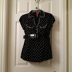 Black with whit poka dot blouse and patent belt
